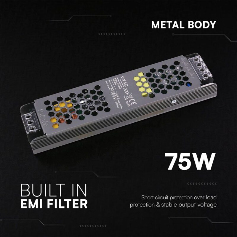 SLIM Power Supply – 75W 12V 6.25A IP20 V-TAC 24256VT