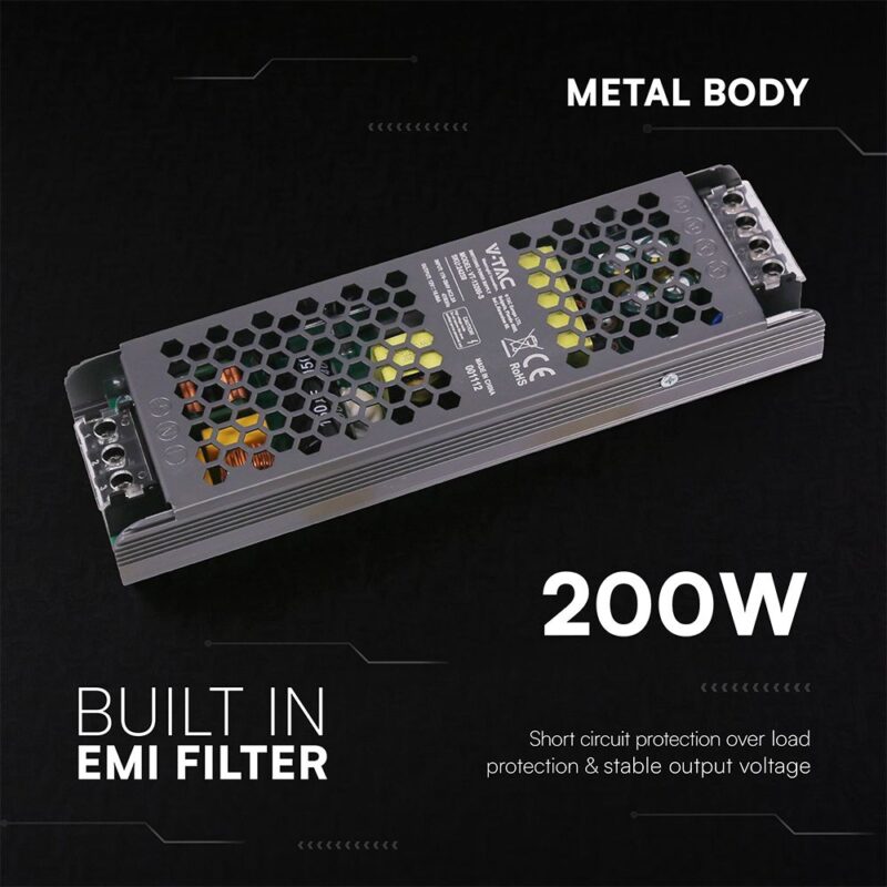 Τροφοδοτικό SLIM για LED 200W 12V 16.5A IP20 Μεταλλικό V-TAC 24259VT