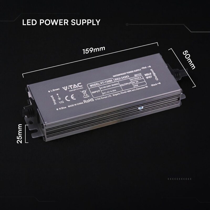Τροφοδοτικό V-TAC για LED 60W 12V 5A IP67 Αδιάβροχο Μεταλλικό 24263VT