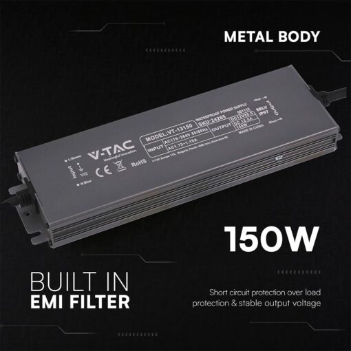 Τροφοδοτικό V-TAC για LED 150W 12V 12.5A IP67 Αδιάβροχο Μεταλλικό 24265VT