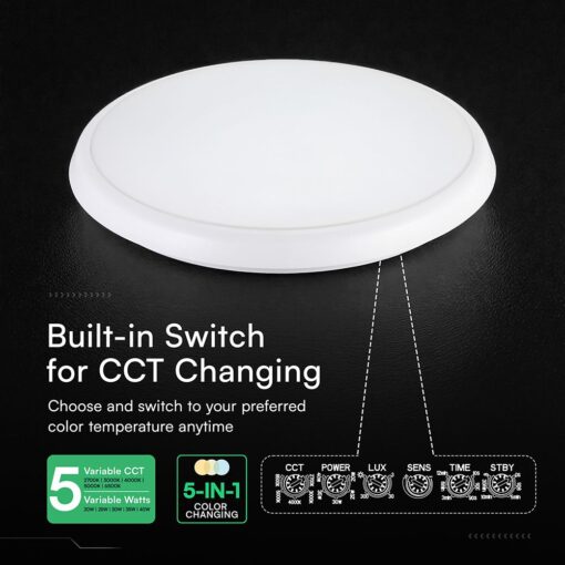 Πλαφονιέρα LED Στρογγυλή Φ360 V-TAC CREE Chip 20-40W με Αισθητήρα Κίνησης CCT IP65 6yrs Wty 24360VT