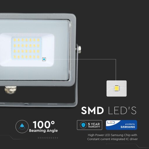 LED Προβολέας 20W V-TAC PRO Samsung Chip Μαύρος 100° 1600lm Γκρι Αδιάβροχος IP65 Θερμό Λευκό 3000K – 445