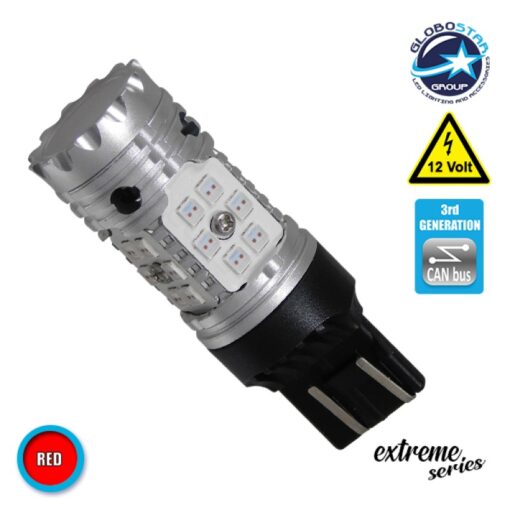 Λαμπτήρας LED Extreme Series Can-Bus 3ης Γενιάς με βάση T20 7443 15W 12v Κόκκινος για Πορείας Στοπ GloboStar 81152