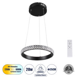 Alternative view of GLOBOSTAR® DIAMOND 61126 Μοντέρνο Κρεμαστό Φωτιστικό Οροφής LED 20W 2356lm 360° AC 220-240V IP20 Ρυθμιζόμενο Λευκό CCT με Χειριστήριο από 2700K έως 6000K Dimmable - Lumileds SMD Chip - Μαύρο Ματ - Μ25 x Π25 x Υ3cm - 3 Χρόνια Εγγύηση