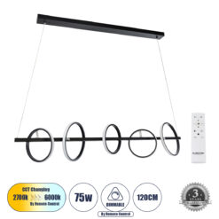 Alternative view of GLOBOSTAR® CIRCOLARE 61319 Μοντέρνο Κρεμαστό Φωτιστικό Οροφής LED 75W 8400lm 360° AC 220-240V IP20 Ρυθμιζόμενο Λευκό CCT με Χειριστήριο από 2700K έως 6000K Dimmable - Lumileds SMD Chip - Μαύρο Ματ - Μ120 x Π25 x Υ25cm - 3 Χρόνια Εγγύηση