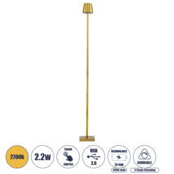 Alternative view of GLOBOSTAR® NEGA 60479 Μοντέρνο Επιδαπέδιο Φωτιστικό LED 2.2W 154lm 360° DC 5V με USB 2.0 με Επαναφορτιζόμενη Μπαταρία Li-ion 3.7V 4000mAh IP44 Θερμό Λευκό 2700K με Αφή Dimmable - Lumileds SMD Chip - Χρυσό Πλατίνα - Μ10 x Π10 x Υ135cm - 2 Χρόνια Εγγύηση
