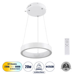 Alternative view of GLOBOSTAR® NEMESIS 61153 Μοντέρνο Κρεμαστό Φωτιστικό Οροφής LED 20W 2356lm 360° AC 220-240V IP20 Ρυθμιζόμενο Λευκό CCT με Χειριστήριο από 2700K έως 6000K Dimmable - Lumileds SMD Chip - Λευκό Ματ - Μ25 x Π25 x Υ4cm - 3 Χρόνια Εγγύηση