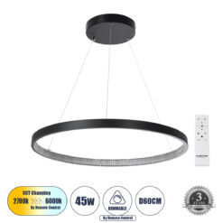 Alternative view of GLOBOSTAR® DIAMOND 61522 Μοντέρνο Κρεμαστό Φωτιστικό Οροφής LED 45W 5040lm 360° AC 220-240V IP20 Ρυθμιζόμενο Λευκό CCT με Χειριστήριο από 2700K έως 6000K Dimmable - Lumileds SMD Chip - Μαύρο Ματ - Μ60 x Π60 x Υ3cm - 3 Χρόνια Εγγύηση