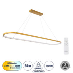 Alternative view of GLOBOSTAR® BOLIVAR 61274 Μοντέρνο Κρεμαστό Φωτιστικό Οροφής LED 54W 6210lm 360° AC 220-240V IP20 Ρυθμιζόμενο Λευκό CCT με Χειριστήριο από 2700K έως 6000K Dimmable - Lumileds SMD Chip - Χρυσό Βούρτσας - Μ120 x Π30 x Υ2cm - 3 Χρόνια Εγγύηση
