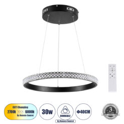 Alternative view of GLOBOSTAR® DIAMOND 61128 Μοντέρνο Κρεμαστό Φωτιστικό Οροφής LED 30W 3513lm 360° AC 220-240V IP20 Ρυθμιζόμενο Λευκό CCT με Χειριστήριο από 2700K έως 6000K Dimmable - Lumileds SMD Chip - Μαύρο Ματ - Μ40 x Π40 x Υ3cm - 3 Χρόνια Εγγύηση