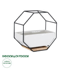 GloboStar® Artificial Garden Λευκό 20557 Διακοσμητικό Κεραμικό Κασπώ Γλάστρα - Flower Pot Λευκό με Μαύρο Μεταλλικό Πλέγμα και Καφέ Ξύλινη Βάση Μ18 x Π10 x Υ18cm