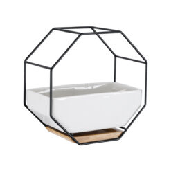 Alternative view of GloboStar® Artificial Garden Λευκό 20557 Διακοσμητικό Κεραμικό Κασπώ Γλάστρα - Flower Pot Λευκό με Μαύρο Μεταλλικό Πλέγμα και Καφέ Ξύλινη Βάση Μ18 x Π10 x Υ18cm