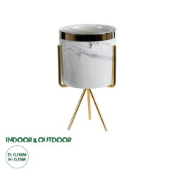 GloboStar® Artificial Garden ALASKA 20565 Διακοσμητικό Κεραμικό Κασπώ Γλάστρα - Flower Pot Λευκό με Χρυσή Μεταλλική Βάση και Μαύρες Λεπτομέρειες Φ8 x Υ15cm