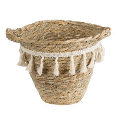 Alternative view of GloboStar® Artificial Garden SANTORINI 20572 Διακοσμητικό Πλεκτό Κασπώ Γλάστρα - Flower Pot Μπεζ με Λευκό Φ17 x Υ16cm