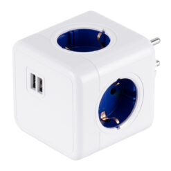 Alternative view of GloboStar® TRAVEL PowerCube PRO Certified 79638 Πολύπριζο 6 Θέσεων με 4 Πρίζες Ασφαλείας Childproof EU Schuko AC 220-240V & 2 Πρίζες USB Max 2.1A/DC 5V Μ7.5 x Π11.5 x Υ7.5 - Λευκό με Μπλε - Max Load 3680W/16A