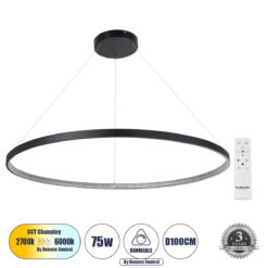 Alternative view of GLOBOSTAR® DIAMOND 61519 Μοντέρνο Κρεμαστό Φωτιστικό Οροφής LED 75W 8400lm 360° AC 220-240V IP20 Ρυθμιζόμενο Λευκό CCT με Χειριστήριο από 2700K έως 6000K Dimmable - Lumileds SMD Chip - Μαύρο Ματ - Μ100 x Π100 x Υ90cm - 3 Χρόνια Εγγύηση