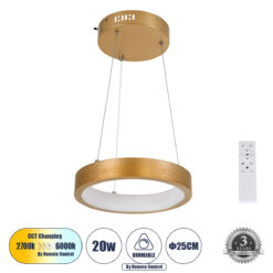 Alternative view of GLOBOSTAR® NEMESIS 61154 Μοντέρνο Κρεμαστό Φωτιστικό Οροφής LED 20W 2356lm 360° AC 220-240V IP20 Ρυθμιζόμενο Λευκό CCT με Χειριστήριο από 2700K έως 6000K Dimmable - Lumileds SMD Chip - Χρυσό Βούρτσας - Μ25 x Π25 x Υ4cm - 3 Χρόνια Εγγύηση