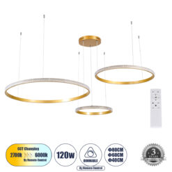 Alternative view of GLOBOSTAR® DIAMOND TRIO 61145 Μοντέρνο Κρεμαστό Φωτιστικό Οροφής LED 120W 14723lm 360° AC 220-240V IP20 Ρυθμιζόμενο Λευκό CCT με Χειριστήριο από 2700K έως 6000K Dimmable - Lumileds SMD Chip - Χρυσό Βούρτσας - Μ150 x Π150 x Υ60cm - 3 Χρόνια Εγγύηση