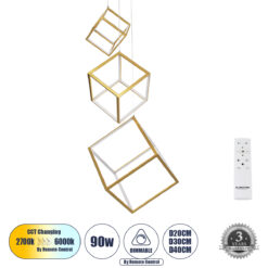 Alternative view of GLOBOSTAR® KIBOO-TRIO 60932 Μοντέρνο Κρεμαστό Φωτιστικό Οροφής LED 90W 10350lm 360° AC 220-240V IP20 Ρυθμιζόμενο Λευκό CCT με Χειριστήριο από 2700K έως 6000K Dimmable - Lumileds SMD Chip - Χρυσό - Μ60 x Π60 x Υ80cm - 3 Χρόνια Εγγύηση