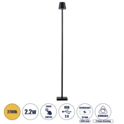 Alternative view of GLOBOSTAR® NEGA 60477 Μοντέρνο Επιδαπέδιο Φωτιστικό LED 2.2W 154lm 360° DC 5V με USB 2.0 με Επαναφορτιζόμενη Μπαταρία Li-ion 3.7V 4000mAh IP44 Θερμό Λευκό 2700K με Αφή Dimmable - Lumileds SMD Chip - Μαύρο - Μ10 x Π10 x Υ135cm - 2 Χρόνια Εγγύηση