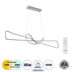 Alternative view of GLOBOSTAR® DOLORES 61281 Μοντέρνο Κρεμαστό Φωτιστικό Οροφής LED 105W 11760lm 300° AC 220-240V IP20 Ρυθμιζόμενο Λευκό CCT με Χειριστήριο από 2700K έως 6000K Dimmable - Lumileds SMD Chip - Νίκελ Βούρτσας - Μ110 x Π17 x Υ17.5cm - 3 Χρόνια Εγγύηση