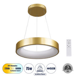 Alternative view of GLOBOSTAR® SALEM 61243 Μοντέρνο Κρεμαστό Φωτιστικό Οροφής LED 75W 8625lm 120° AC 220-240V IP20 Ρυθμιζόμενο Λευκό CCT με Χειριστήριο από 2700K έως 6000K Dimmable - Lumileds SMD Chip - Χρυσό - Μ45 x Π45 x Υ6cm - 3 Χρόνια Εγγύηση