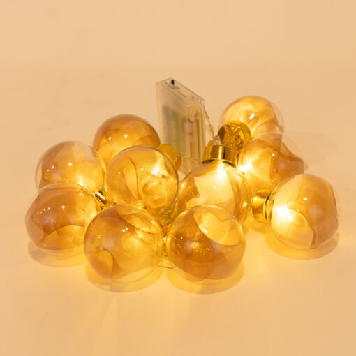ΣΕΙΡΑ, 10 LED 5mm, ΔΙΑΚΟΣΜΗΤΙΚEΣ ΜΠΑΛΕΣ ΜΕ ΡΟΖ ΧΡΥΣΟ ΥΦΑΣΜΑ, ΜΠΑΤΑΡΙΑΣ 3ΧΑΑ, ΧΡΟΝΟΔΙΑΚΟΠΤΗ, ΘΕΡΜΟ ΛΕΥΚΟ LED ΑΝΑ 15cm,  ΔΙΑΦΑΝΟ PVC ΚΑΛΩΔΙΟ, ΠΡΟΕΚΤΑΣΗ ΠΑΡΟΧΗΣ 30cm, IP20 EUROLAMP 600-03055
