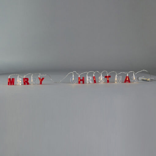 ΣΕΙΡΑ, 14 LED 5mm, 'MERRY CHRISTMAS' ΜΕ ΚΟΚΚΙΝΑ & ΑΣΠΡΑ ΓΡΑΜΜΑΤΑ, ΜΠΑΤΑΡΙΑΣ 2xAA, TIMER,  ΔΙΑΦΑΝΟ PVC ΚΑΛΩΔΙΟ, ΘΕΡΜΟ ΛΕΥΚΟ LED ΑΝΑ 8cm, ΠΡΟΕΚΤΑΣΗ ΠΑΡΟΧΗΣ 30cm, IP20 EUROLAMP 600-03241