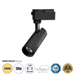 GLOBOSTAR® LUGANO 60805 Μονοφασικό Σποτ Ράγας LED 10W 1200lm 36° AC 220-240V IP20 Θερμό Λευκό 2700K - Bridgelux COB Chip & TÜV SÜD Driver - Eurotrack 1PH - Μαύρο Ματ - Μ4.5 x Π4.5 x Υ18cm - 5 Χρόνια Εγγύηση