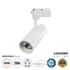 GLOBOSTAR® LUGANO 60807 Μονοφασικό Σποτ Ράγας LED 20W 2500lm 36° AC 220-240V IP20 Φυσικό Λευκό 4500K - Bridgelux COB Chip & TÜV SÜD Driver - Eurotrack 1PH - Λευκό Ματ - Μ6.5 x Π6.5 x Υ20cm - 5 Χρόνια Εγγύηση
