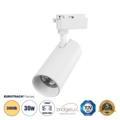 GLOBOSTAR® LUGANO 60814 Μονοφασικό Σποτ Ράγας LED 30W 3600lm 36° AC 220-240V IP20 Θερμό Λευκό 2700K - Bridgelux COB Chip & TÜV SÜD Driver - Eurotrack 1PH - Λευκό Ματ - Μ7.5 x Π7.5 x Υ22cm - 5 Χρόνια Εγγύηση