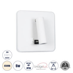 GLOBOSTAR® LADY-S 60943 Μοντέρνο Φωτιστικό Τοίχου - Απλίκα Ξενοδοχείου Reading Light με Φορτιστή USB 3A LED 6W 600lm 36° & 360° AC 220-240V IP20 Φυσικό Λευκό 4500K - Bridgelux COB Chip & TÜV SÜD Driver - Λευκό Ματ - Μ15 x Π15 x Υ7cm - 3 Χρόνια Εγγύηση