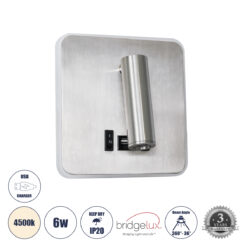 GLOBOSTAR® LADY-S 60945 Μοντέρνο Φωτιστικό Τοίχου - Απλίκα Ξενοδοχείου Reading Light με Φορτιστή USB 3A LED 6W 600lm 36° & 360° AC 220-240V IP20 Φυσικό Λευκό 4500K - Bridgelux COB Chip & TÜV SÜD Driver - Νίκελ Βούρτσας - Μ15 x Π15 x Υ7cm - 3 Χρόνια Εγγύηση