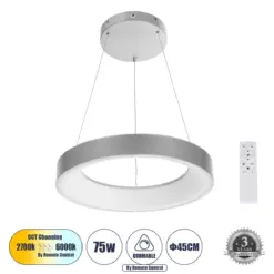 Alternative view of GLOBOSTAR® SALEM 61242 Μοντέρνο Κρεμαστό Φωτιστικό Οροφής LED 75W 8625lm 120° AC 220-240V IP20 Ρυθμιζόμενο Λευκό CCT με Χειριστήριο από 2700K έως 6000K Dimmable - Lumileds SMD Chip - Γκρι - Μ45 x Π45 x Υ6cm - 3 Χρόνια Εγγύηση