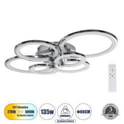 Alternative view of GLOBOSTAR® ROYAL-R 61324 Μοντέρνο Φωτιστικό Οροφής LED 135W 16200lm 360° AC 220-240V IP20 Ρυθμιζόμενο Λευκό CCT με Χειριστήριο από 2700K έως 6000K Dimmable - Lumileds SMD Chip - Ασημί Νίκελ - Μ80.5 x Π59 x Υ12cm - 3 Χρόνια Εγγύηση