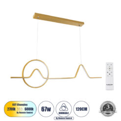 Alternative view of GLOBOSTAR® WINDY 61293 Μοντέρνο Κρεμαστό Φωτιστικό Οροφής LED 67W 7504lm 300° AC 220-240V IP20 Ρυθμιζόμενο Λευκό CCT με Χειριστήριο από 2700K έως 6000K Dimmable - Lumileds SMD Chip - Χρυσό Βούρτσας - Μ120 x Π4 x Υ30cm - 3 Χρόνια Εγγύηση