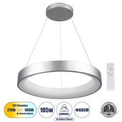 Alternative view of GLOBOSTAR® SALEM 61246 Μοντέρνο Κρεμαστό Φωτιστικό Οροφής LED 105W 12075lm 120° AC 220-240V IP20 Ρυθμιζόμενο Λευκό CCT με Χειριστήριο από 2700K έως 6000K Dimmable - Lumileds SMD Chip - Γκρι - Μ60 x Π60 x Υ6cm - 3 Χρόνια Εγγύηση