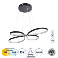 Alternative view of GLOBOSTAR® BUTTERFLY 61391 Μοντέρνο Κρεμαστό Φωτιστικό Οροφής LED 75W 8400lm 300° AC 220-240V IP20 Ρυθμιζόμενο Λευκό CCT με Χειριστήριο από 2700K έως 6000K Dimmable - Lumileds SMD Chip - Μαύρο Ματ - Μ70 x Π55 x Υ4cm - 3 Χρόνια Εγγύηση