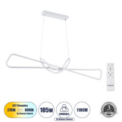 Alternative view of GLOBOSTAR® DOLORES 61280 Μοντέρνο Κρεμαστό Φωτιστικό Οροφής LED 105W 11760lm 300° AC 220-240V IP20 Ρυθμιζόμενο Λευκό CCT με Χειριστήριο από 2700K έως 6000K Dimmable - Lumileds SMD Chip - Λευκό Ματ - Μ110 x Π17 x Υ17.5cm - 3 Χρόνια Εγγύηση