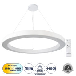 Alternative view of GLOBOSTAR® RA 61199 Μοντέρνο Κρεμαστό Φωτιστικό Οροφής LED 100W 11020lm 120° AC 220-240V IP20 Ρυθμιζόμενο Λευκό CCT με Χειριστήριο από 2700K έως 6000K Dimmable - Lumileds SMD Chip - Λευκό Ματ - Μ120 x Π120 x Υ8cm - 3 Χρόνια Εγγύηση