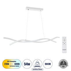 Alternative view of GLOBOSTAR® MORALES 61276 Μοντέρνο Κρεμαστό Φωτιστικό Οροφής LED 54W 6048lm 300° AC 220-240V IP20 Ρυθμιζόμενο Λευκό CCT με Χειριστήριο από 2700K έως 6000K Dimmable - Lumileds SMD Chip - Λευκό Ματ - Μ90 x Π14 x Υ14cm - 3 Χρόνια Εγγύηση
