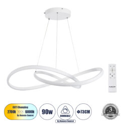 Alternative view of GLOBOSTAR® DEXTER 60914 Μοντέρνο Κρεμαστό Φωτιστικό Οροφής LED 90W 10080lm 300° AC 220-240V IP20 Ρυθμιζόμενο Λευκό CCT με Χειριστήριο από 2700K έως 6000K Dimmable - Lumileds SMD Chip - Λευκό Ματ - Μ73 x Π73 x Υ16cm - 3 Χρόνια Εγγύηση