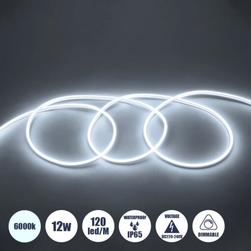 GLOBOSTAR® NEOVALE 70570 Ταινία Neon Flex LED 12W/m 1080lm/m 120° DC 220-240V Αδιάβροχο IP65 120 x SMD2835 Chip/m Ψυχρό Λευκό 6000K Dimmable – Sanan SMD Chip – Μ100 x Π0.8 x Υ1.6cm – 3 Χρόνια Εγγύηση