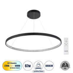 Alternative view of GLOBOSTAR® DIAMOND 61520 Μοντέρνο Κρεμαστό Φωτιστικό Οροφής LED 67W 7504lm 360° AC 220-240V IP20 Ρυθμιζόμενο Λευκό CCT με Χειριστήριο από 2700K έως 6000K Dimmable - Lumileds SMD Chip - Μαύρο Ματ - Μ80 x Π80 x Υ110cm - 3 Χρόνια Εγγύηση
