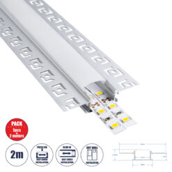 GLOBOSTAR® ALP-PLASTERIN GYPSO 70819-2M Χωνευτό Προφίλ Αλουμινίου Ειδικό για Γυψοσανίδα με Λευκό Γαλακτερό Πατητό Κάλυμμα για Ταινίες LED IP20 - Ασημί & Λευκό - Μ200 x Π6.7 x Υ1.3cm - Πακέτο 5 Τεμαχίων