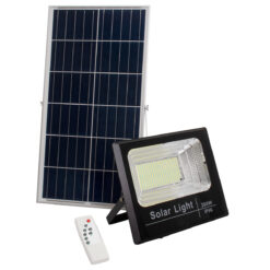 GLOBOSTAR® HERMES 71558 Προβολέας με IR Ασύρματο Χειριστήριο LED 200W 10000lm 120° DC 5V με Φωτοβολταϊκό Panel 5V 20W & Επαναφορτιζόμενη Μπαταρία Li-ion 3.2V 20000mAh Αδιάβροχο IP66 Ψυχρό Λευκό 6000K Dimmable - Sanan SMD Chip - Μαύρο - Μ35 x Π29 x Υ7.5cm - 2 Χρόνια Εγγύηση