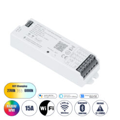 GLOBOSTAR® TUYA-WB5 73008 DC WiFi & Bluetooth Master Dimmer / Controller Υψηλής Ταχύτητας με 5 x 6A 72W Κανάλια DC 12-24V 15A 360W Max IP20 - WiFi & Bluetooth - Μ12.2 x Π3.8 x Υ2.2cm - 5 Χρόνια Εγγύηση