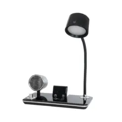 GLOBOSTAR® OLDY 76563 Μοντέρνο Επιτραπέζιο Φωτιστικό Γραφείου με Ασύρματη Φόρτιση 15W 3A, 5W Bluetooth Ηχείο & Ψηφιακό Ρολόι LED 3W 300lm 120° DC 5V με USB-C IP20 Ρυθμιζόμενο Λευκό CCT με Αφή 2700K/4500K/6000K Dimmable - Sanan SMD Chip - Μαύρο - Μ13 x Π25 x Υ43cm - 2 Χρόνια Εγγύηση