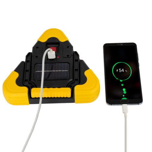 GloboStar® 79080 Φορητό Επαναφορτιζόμενο Τρίγωνο Ασφαλείας – Προβολέας Εργασίας LED COB 15W 1500lm με Ενσωματωμένη Μπαταρία 1200mAh & Φωτοβολταϊκό Πάνελ – 5 Light Modes & Power Bank με Καλώδιο Φόρτισης USB Αδιάβροχο IP54 Ψυχρό Λευκό 6000K