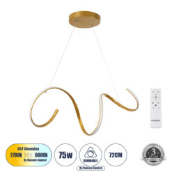Alternative view of GLOBOSTAR® SPIRALE 61286 Μοντέρνο Κρεμαστό Φωτιστικό Οροφής LED 75W 8400lm 300° AC 220-240V IP20 Ρυθμιζόμενο Λευκό CCT με Χειριστήριο από 2700K έως 6000K Dimmable - Lumileds SMD Chip - Χρυσό Βούρτσας - Μ72 x Π25 x Υ30cm - 3 Χρόνια Εγγύηση